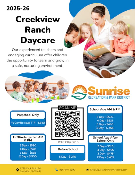2025-26 daycare flyer for Creekview Ranch with program details, pricing, contact info, and a QR code.