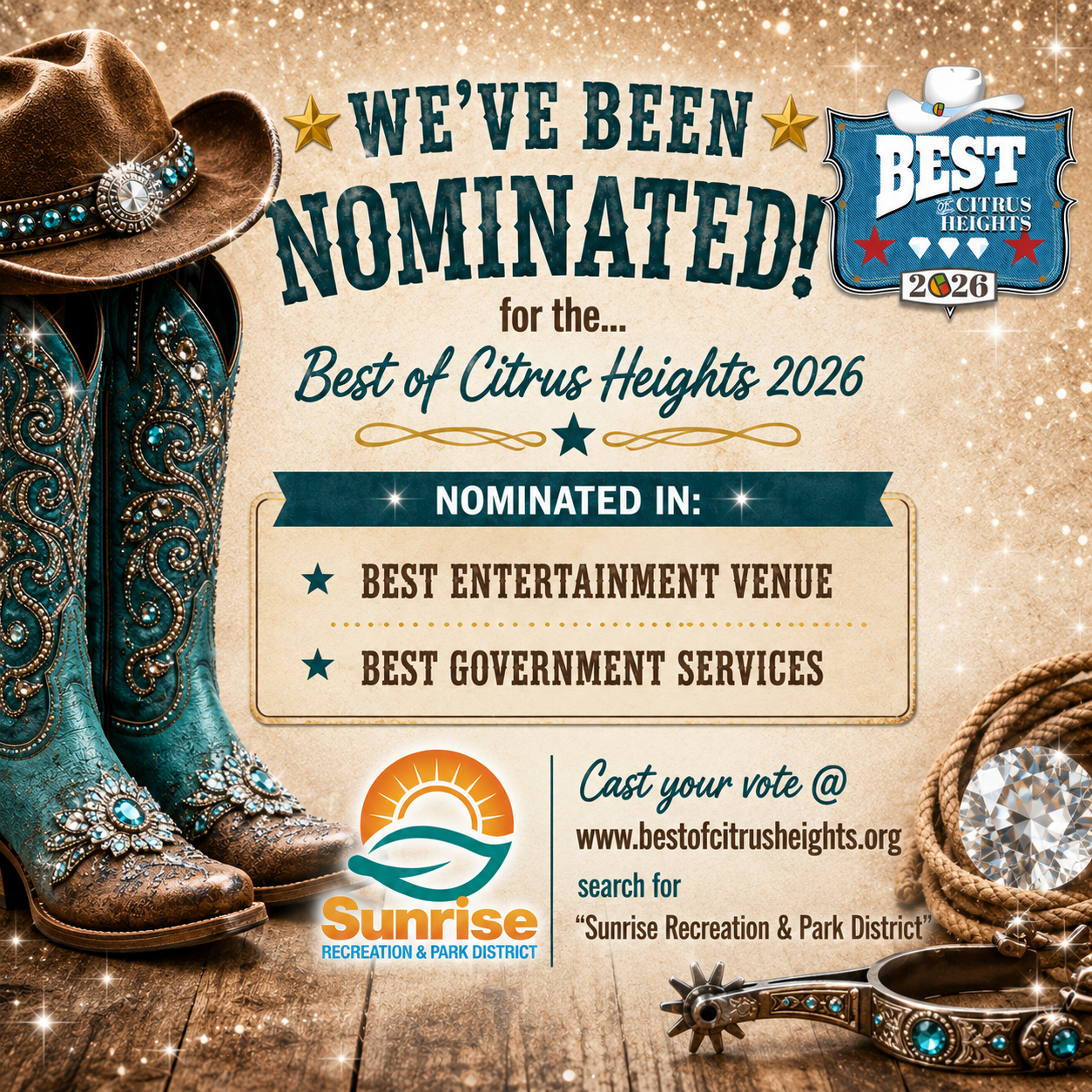 Announcement of nominations for "Best of Citrus Heights 2026" in entertainment and government services for Sunrise Recreation & Park District.