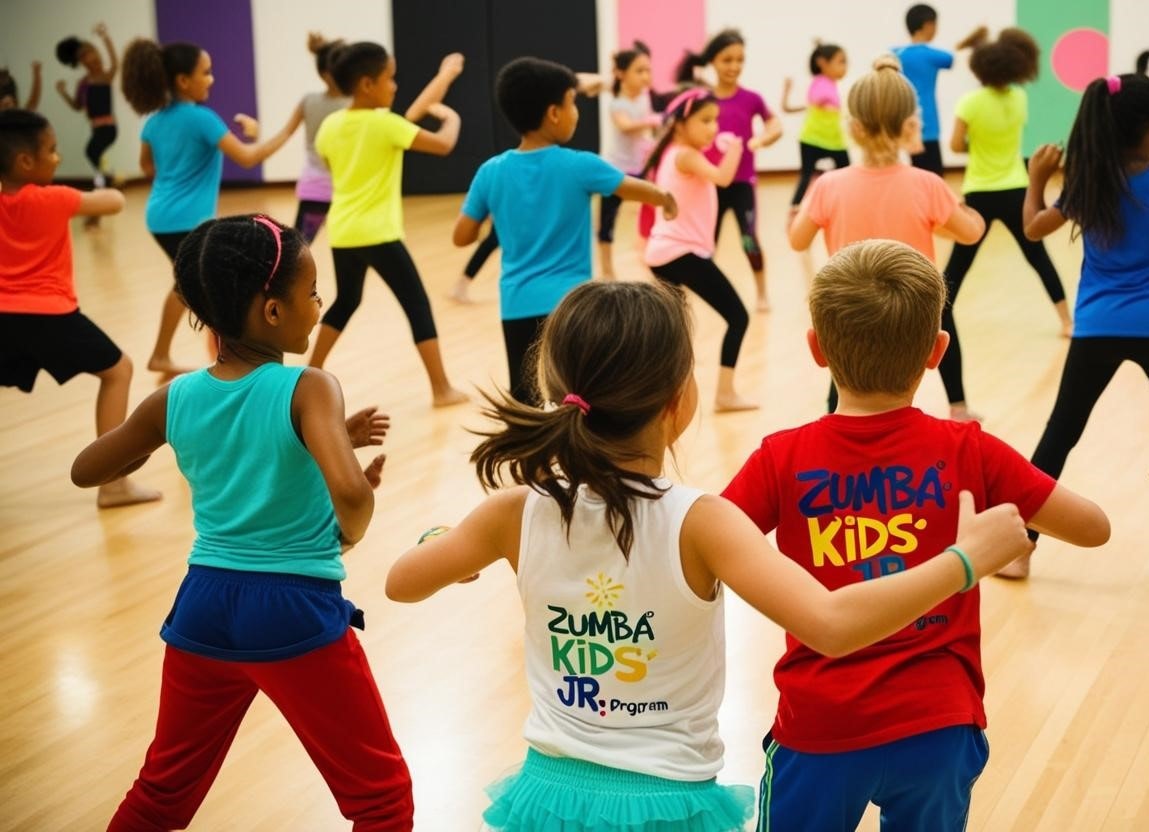Children in colorful attire participating in a Zumba Kids class.