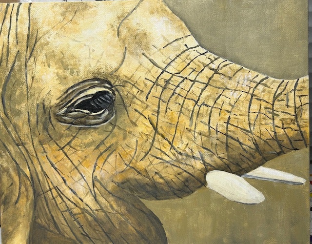 A detailed painting of an elephant's face, showing its eye, tusks, and trunk.