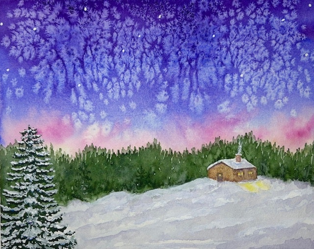 A snowy landscape with a cabin, a snow-covered tree, and a starry night sky with an aurora effect.
