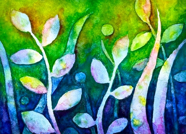 Abstract watercolor painting of white leafy plants with a vibrant blue and green background.