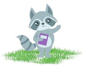 A cute, cartoon raccoon stands on grass, holding a purple book and waving cheerfully.