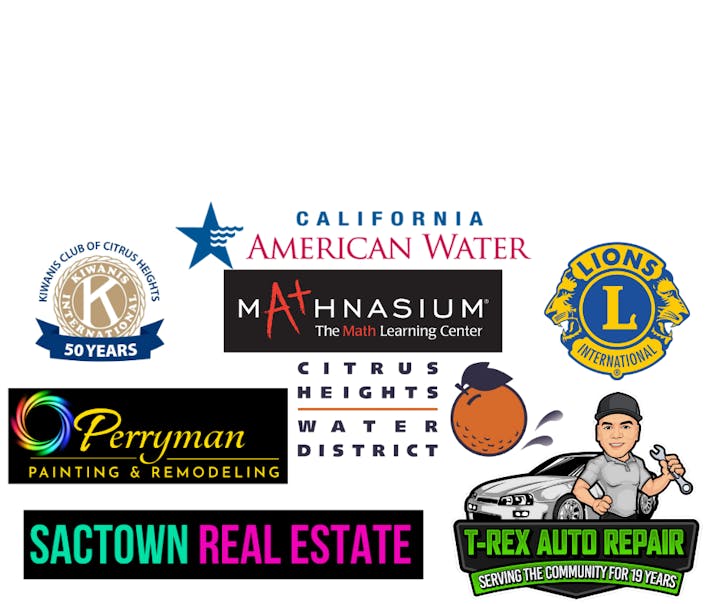 Logos of various organizations, including Kiwanis, Mathnasium, Lions, Perryman, Sactown Real Estate, and T-Rex Auto Repair.
