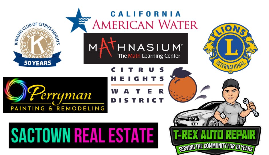 Logos of various organizations, including Kiwanis, Mathnasium, Lions, Perryman, Sactown Real Estate, and T-Rex Auto Repair.