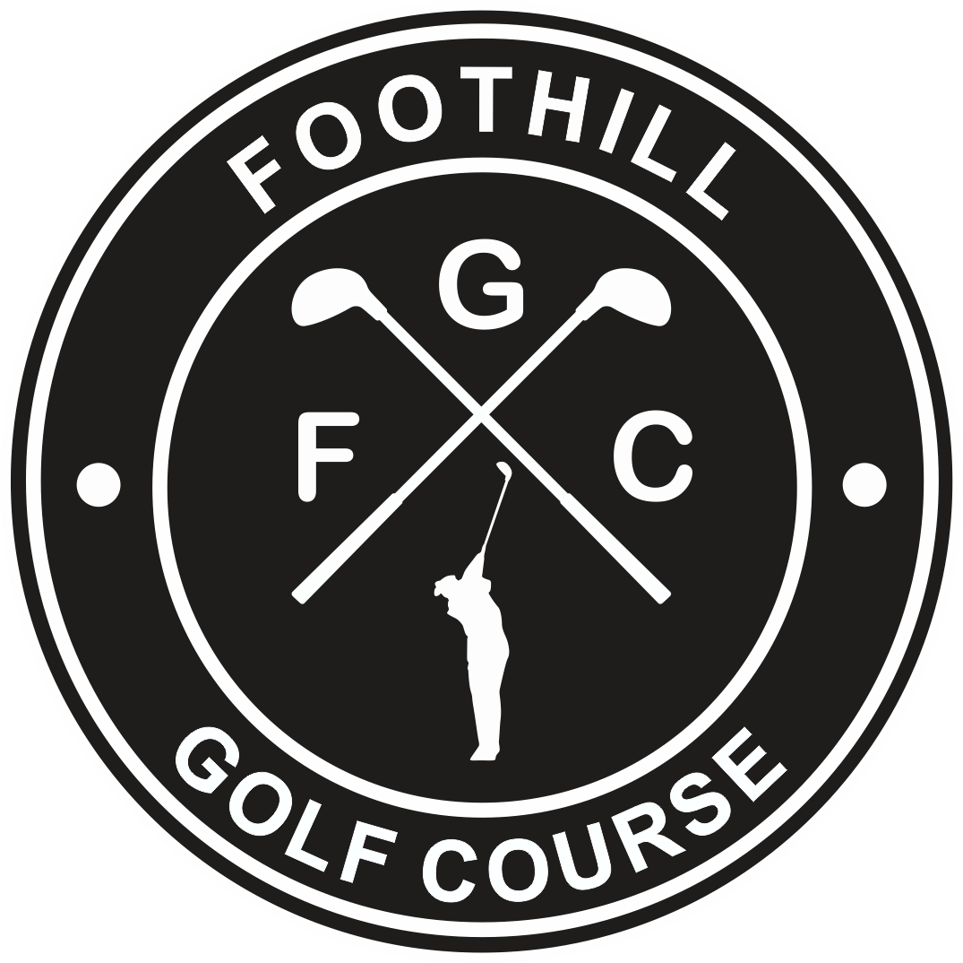 Circular logo for "Foothill Golf Course" with crossed clubs and a golfer silhouette.