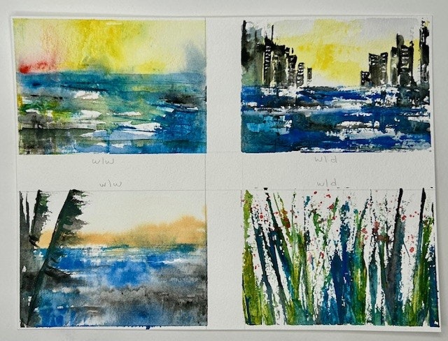 Four abstract watercolor paintings, possibly depicting landscapes and a cityscape, displayed in two rows with light brush strokes and vivid colors.