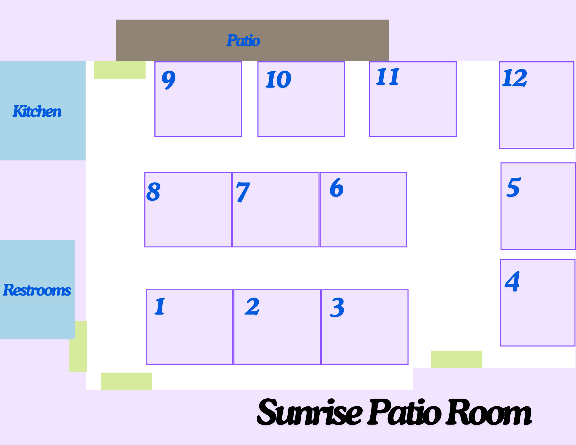 Floor plan of "Sunrise Patio Room" with tables numbered 1-12, a patio area, kitchen, and restrooms.