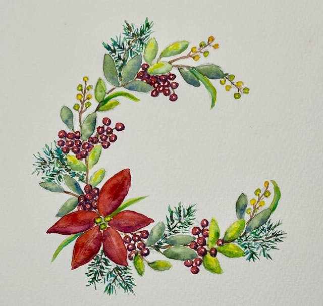Watercolor floral wreath with red berries, green leaves, and a red flower.