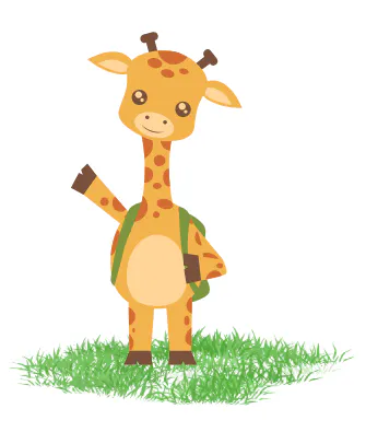 A cheerful cartoon giraffe with a backpack, waving while standing on green grass.