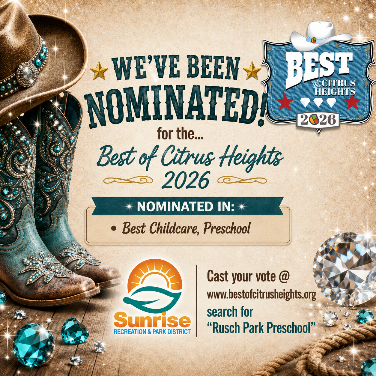 Announcement of nomination for "Best of Citrus Heights 2026" in Best Childcare, Preschool by Sunrise Recreation & Park District.