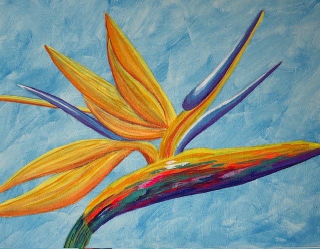 A vibrant painting of a bird of paradise flower with bright yellow and blue colors against a light blue background.