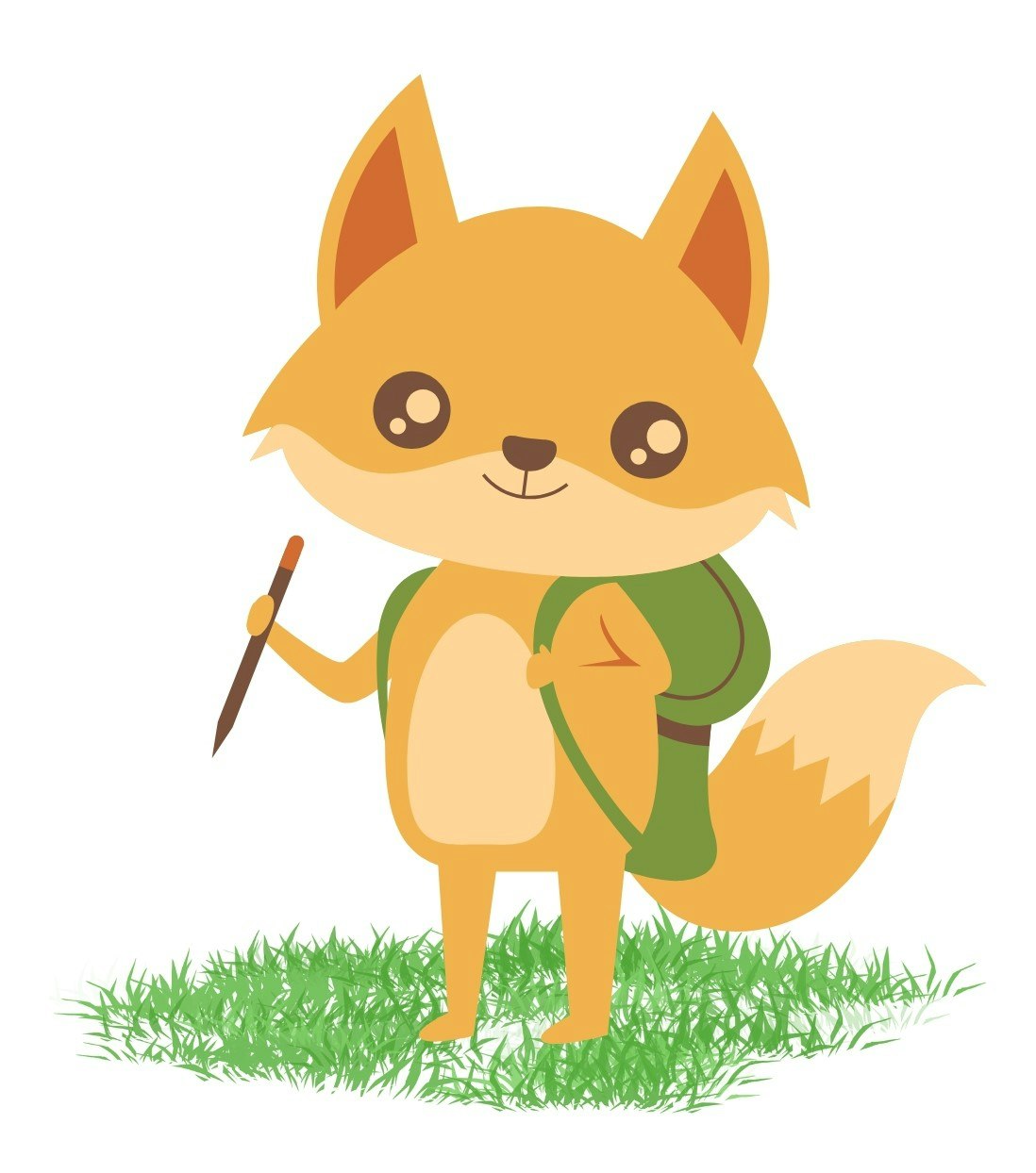 A cute cartoon fox with a backpack and stick, standing on grass.
