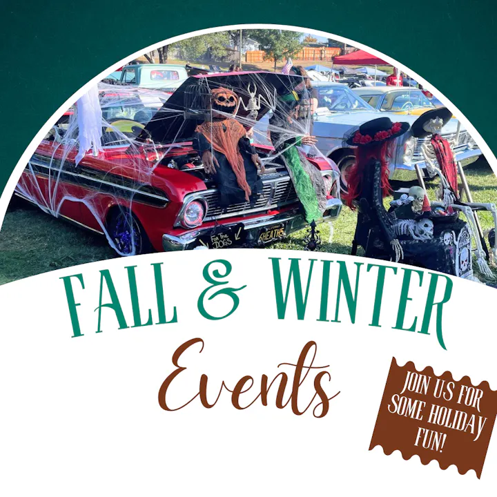 A festive flyer advertising fall & winter events with a Halloween-themed car display featuring decorations and skeletons.