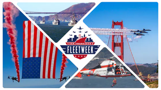 An aerial display featuring military ships, aircraft, and a large American flag, all part of San Francisco's Fleet Week celebration.