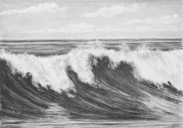 A detailed black-and-white drawing of ocean waves crashing against each other, with a cloudy sky above.