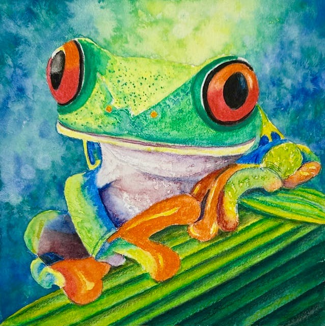 A colorful illustration of a frog with large red eyes on a vibrant background, perched on a green leaf.