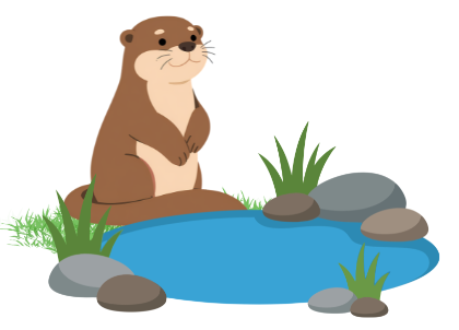 A cute cartoon otter sits beside a pond, surrounded by grass and rocks.