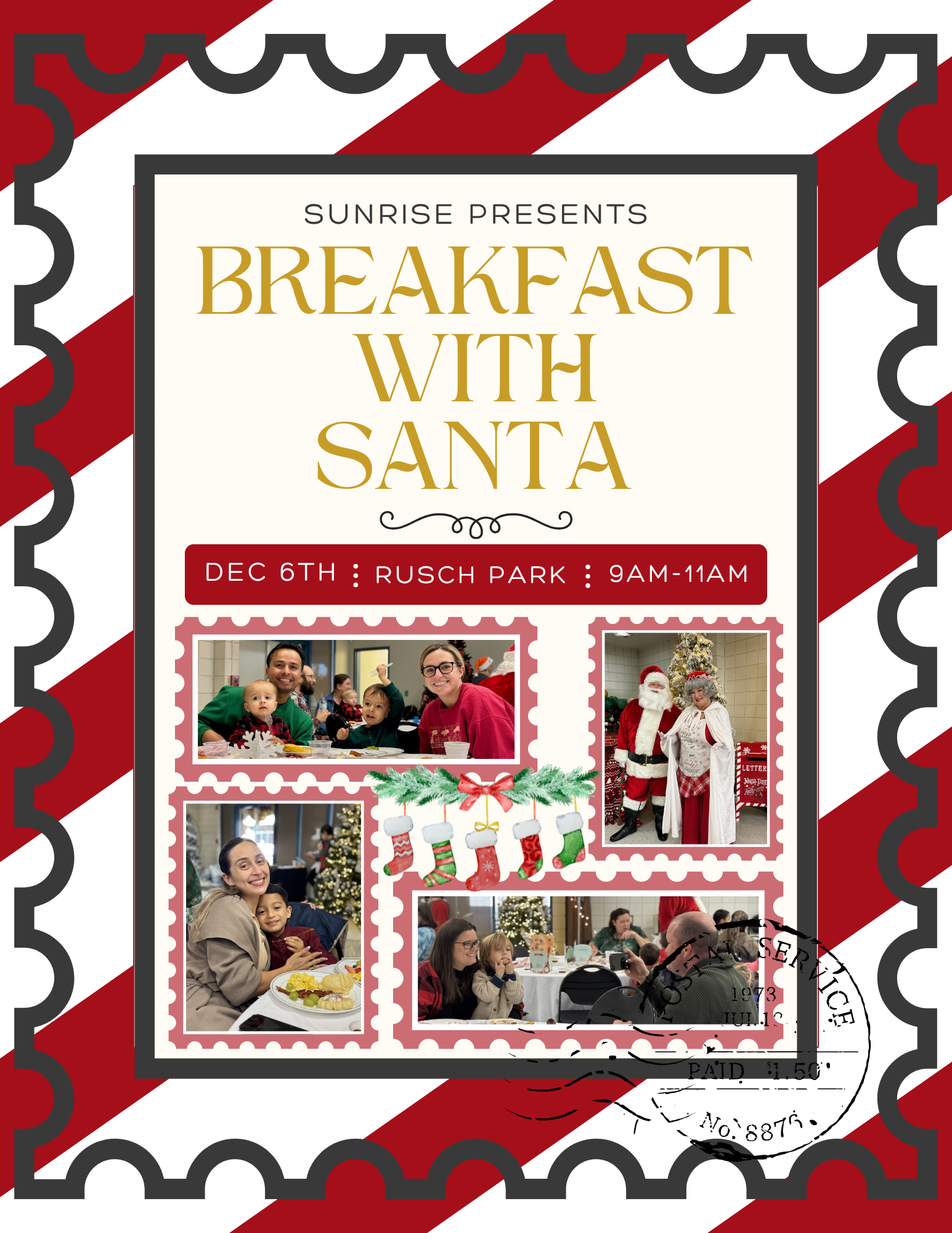 Flyer for "Breakfast with Santa" on Dec 6th, Rusch Park, 9-11AM. Includes pictures of families and Santa.