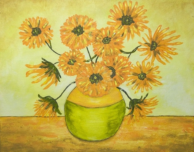 A painting of orange flowers in a green vase on a wooden surface, with a yellow background.