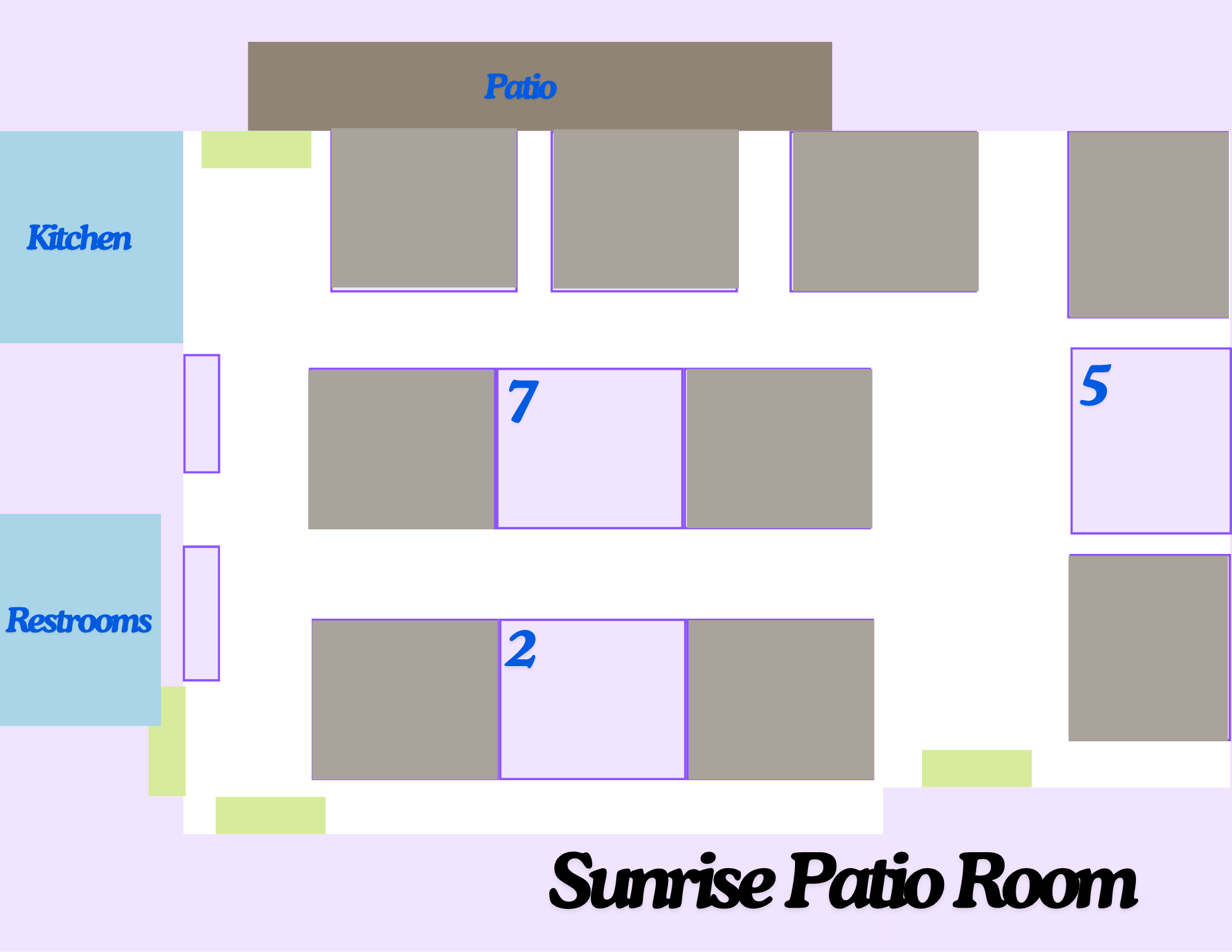 The image shows a floor plan labeled "Sunrise Patio Room" with areas for a patio, kitchen, restrooms, and numbered rooms.