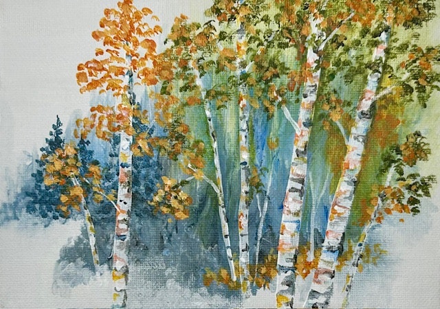 A colorful painting of birch trees with orange and green foliage against a textured background.