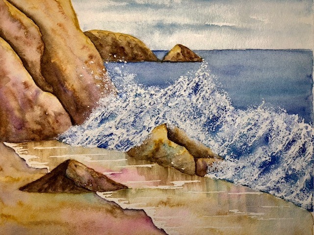 A watercolor painting of a rocky beach with crashing waves and distant hills under a cloudy sky.