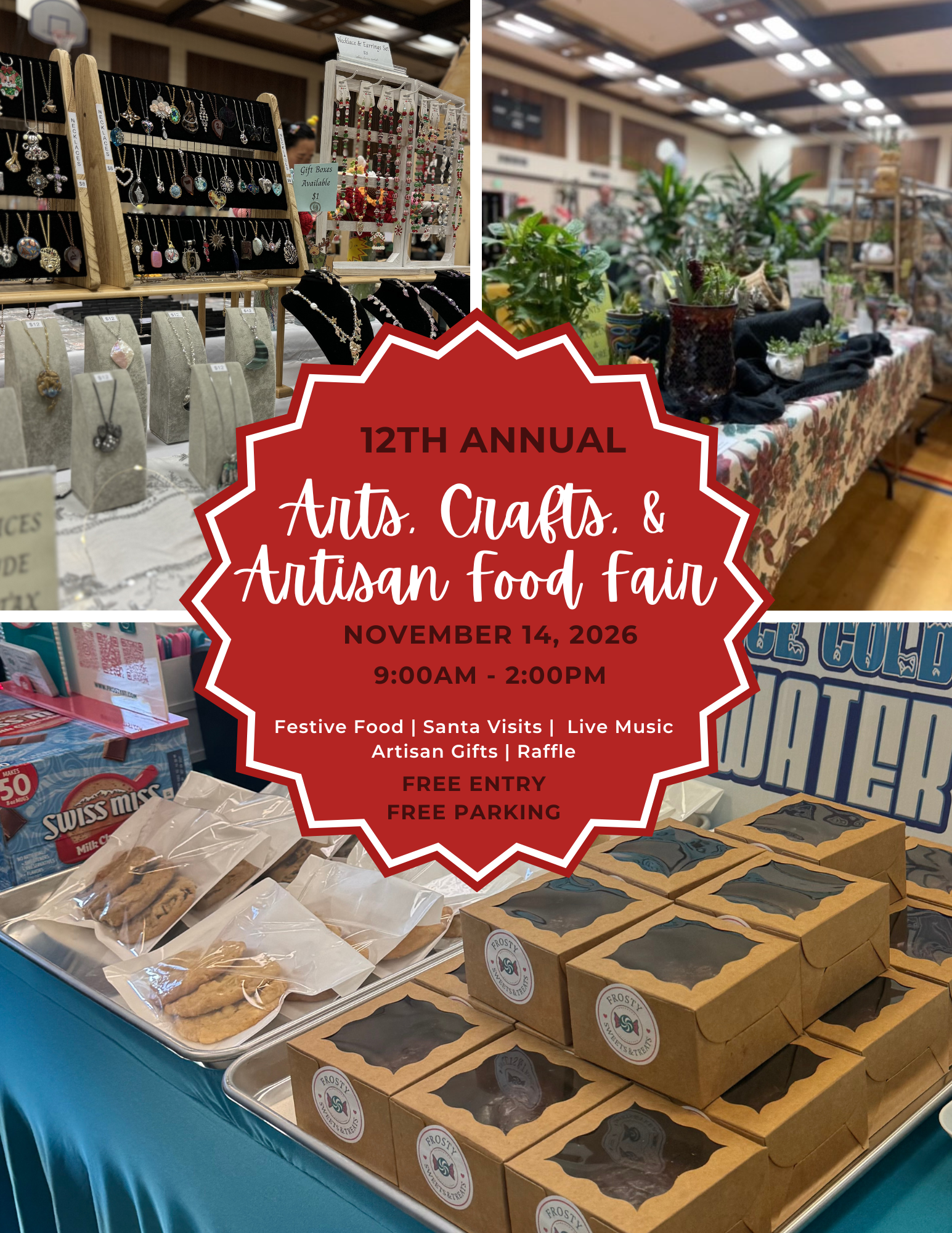 Image promoting the 12th Annual Arts, Crafts & Artisan Food Fair on November 14, 2026, featuring food, music, and free entry.
