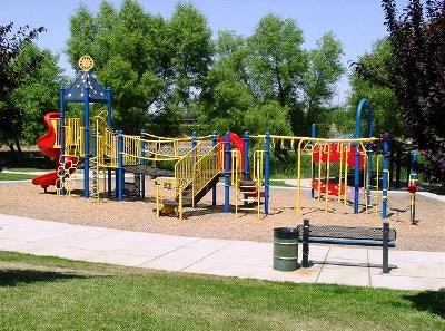 May contain: play area, playground, gate, grass, and plant