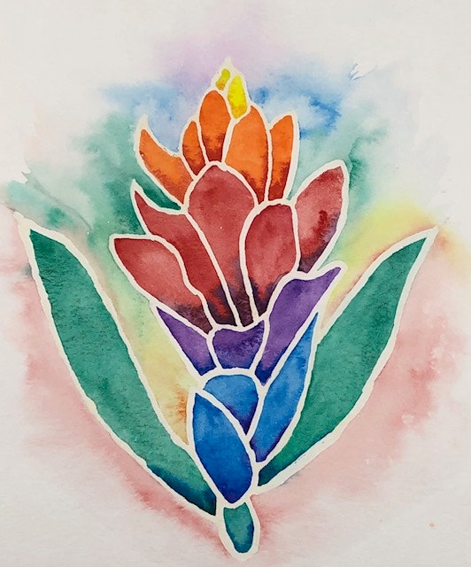 A colorful watercolor painting of a stylized flower with gradient petals and two green leaves.