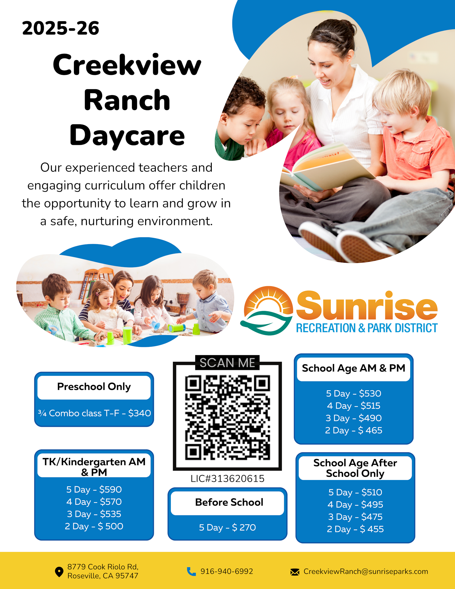 Creekview Ranch Daycare info with fees, QR code, and contact details for 2025-26.