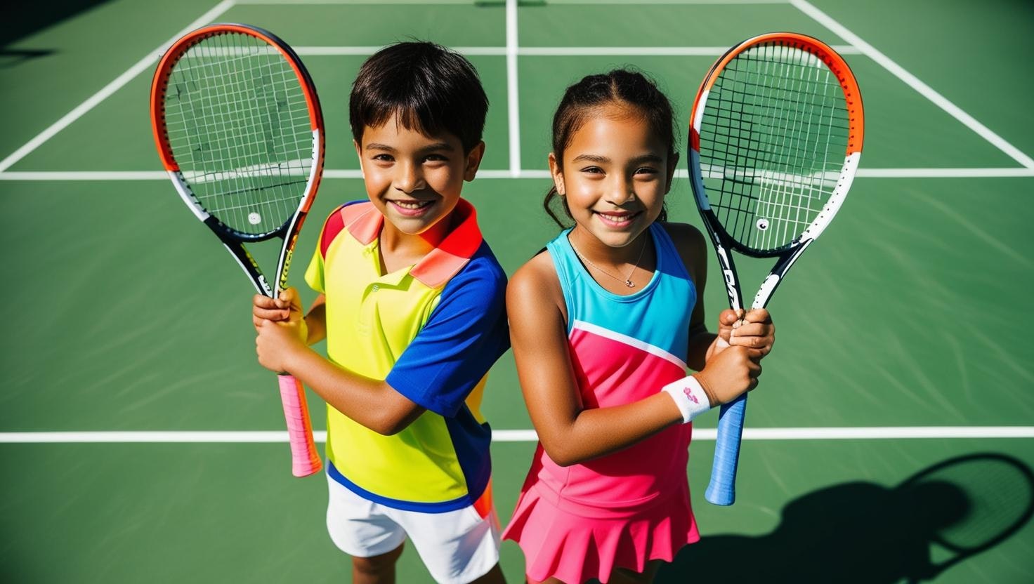 Two kids holding tennis rackets stand smiling on a tennis court.