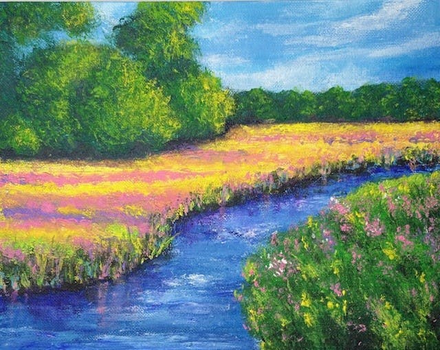 A vibrant landscape featuring a flowing river, colorful fields of flowers, and green trees under a blue sky.