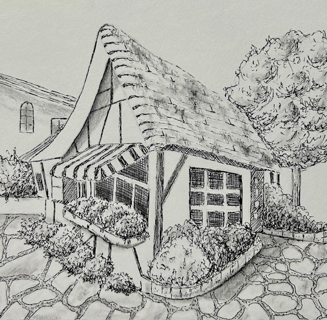 A sketch of a quaint cottage with a steep roof and striped awning, surrounded by trees and cobblestone paths.