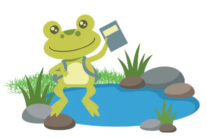 A cheerful cartoon frog sits by a pond, holding a book and wearing a backpack, surrounded by grass and rocks.