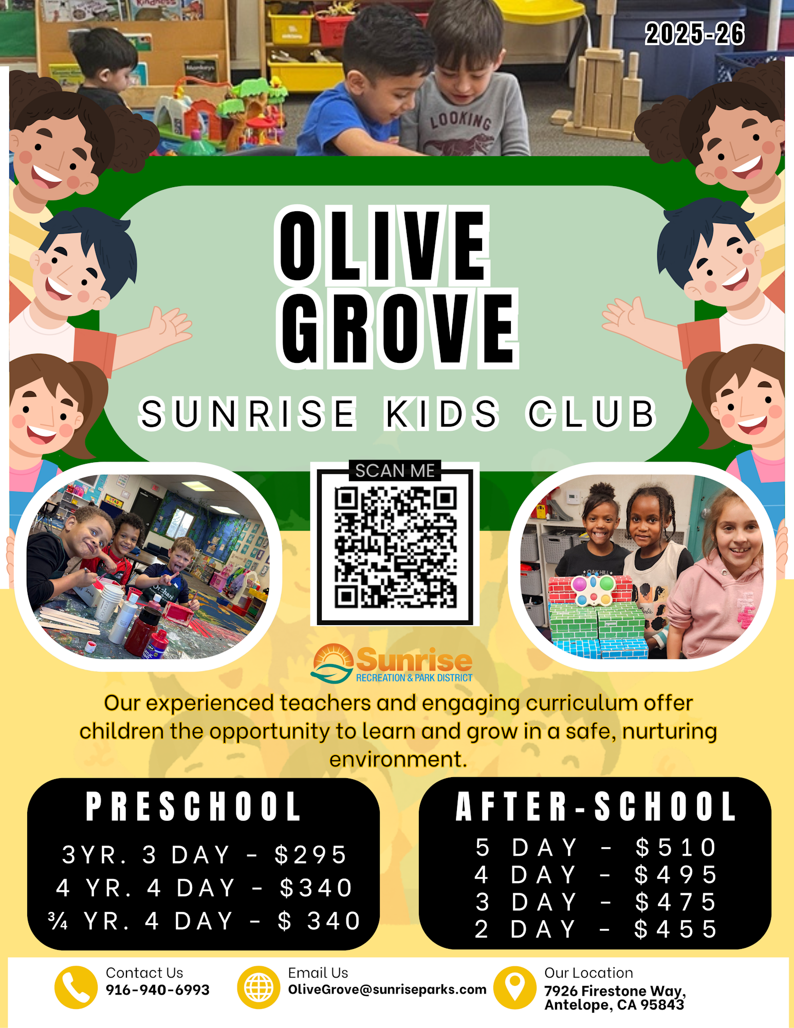 Flyer for Olive Grove Sunrise Kids Club with preschool and after-school program details, contact info, and images of children playing.
