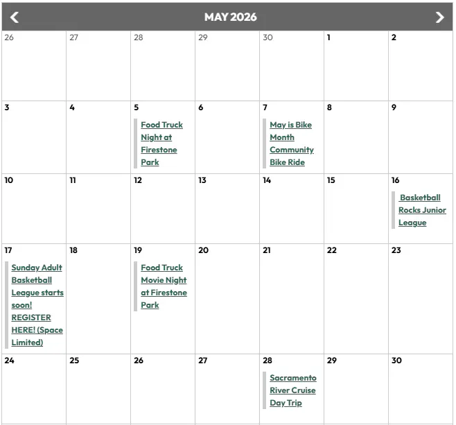 May 2026 calendar highlights events like food truck nights, a bike ride, a basketball league, and a river cruise trip.