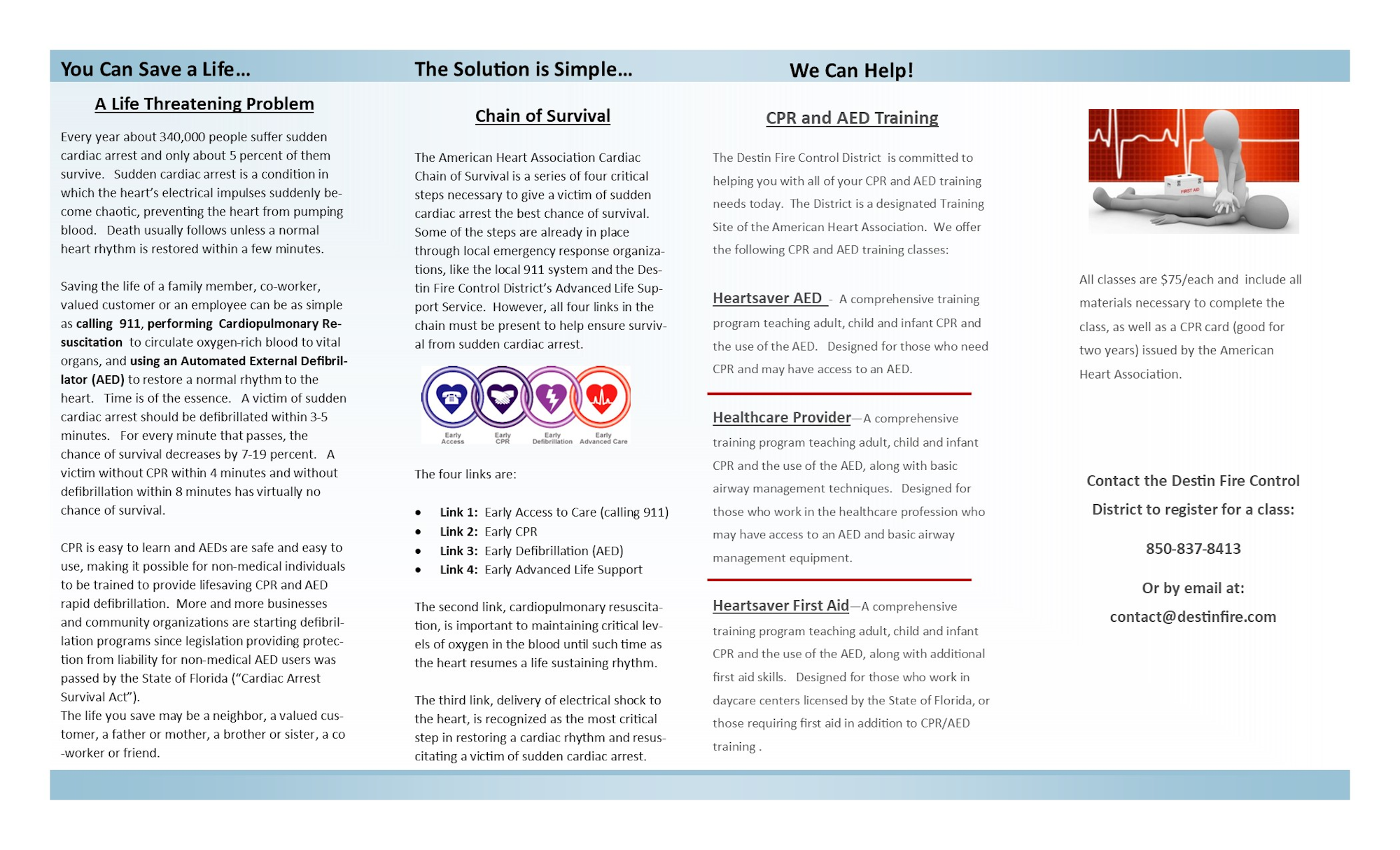 Brochure on CPR/AED training by Destin Fire Control, covering cardiac arrest info, survival chain, and class details.