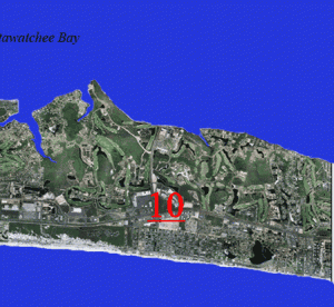 Aerial view of a coastal area with labeled site "10" and Navatchee Bay.