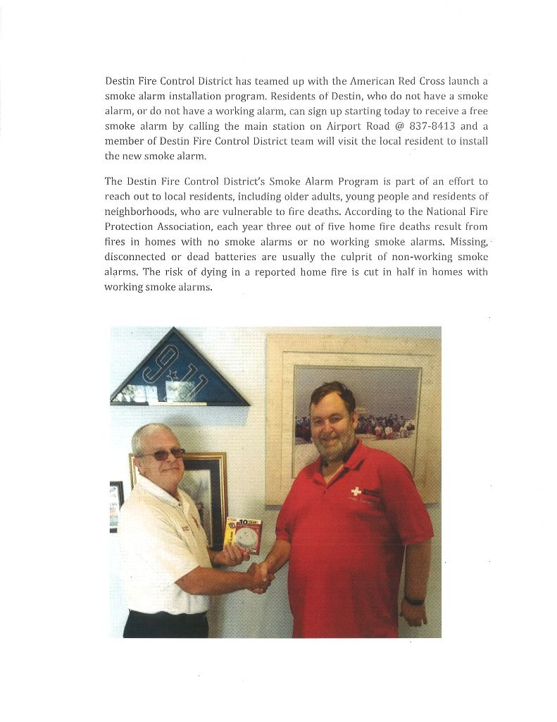 Destin Fire Control offers free smoke alarms with the Red Cross. Call to sign up. Program targets vulnerable residents.