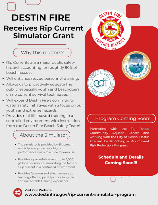 Destin Fire received a grant for a rip current simulator to enhance beach safety training and educate the public on survival techniques.