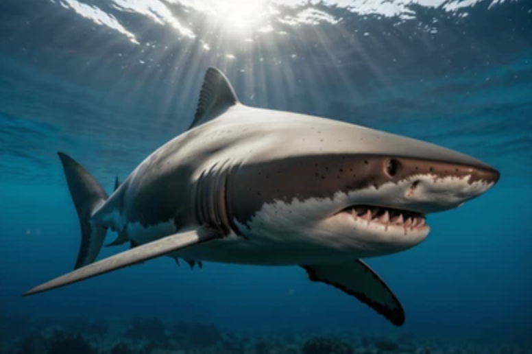 A shark swimming underwater with sunlight streaming from above.