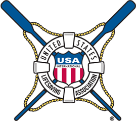 Lifesaving ring with "United States Lifesaving Association" words, two blue oars, rope, and USA flag design in the center.