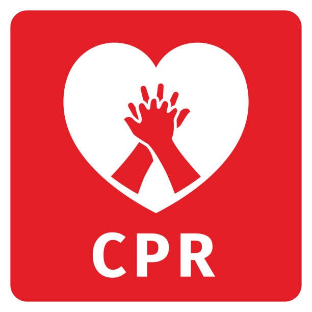 CPR symbol with hands in a heart on a red background.