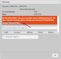 The image shows an account overview with a security alert urging the user to change their default password immediately.