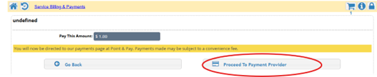 The image shows a payment page where you can pay $5.00, with options to proceed to the payment provider or go back.