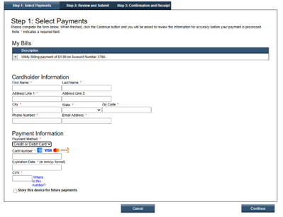 The image shows a payment form with sections for billing details, cardholder info, and payment information.