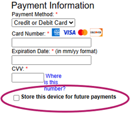 The image shows a payment form with options for entering credit card details and a checkbox to store the device for future payments.