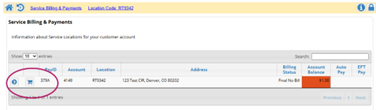 The image shows a billing account summary with an address in Denver, CO, and an account balance of $1.00.