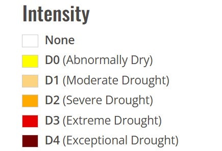 The image shows a drought intensity scale, ranging from "None" to "Exceptional Drought" with color codes for each level.